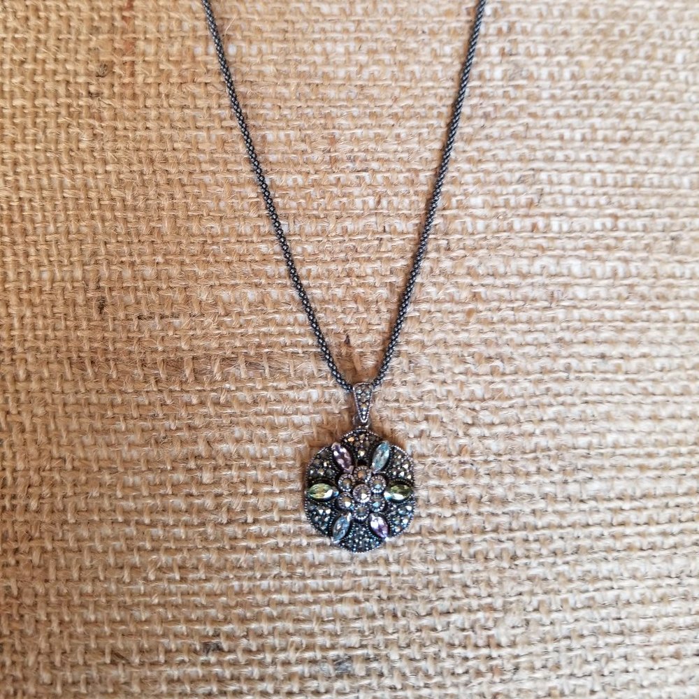 Vintage Sterling 925 Silver Multicolored Flower Marcasite Pendant Necklace